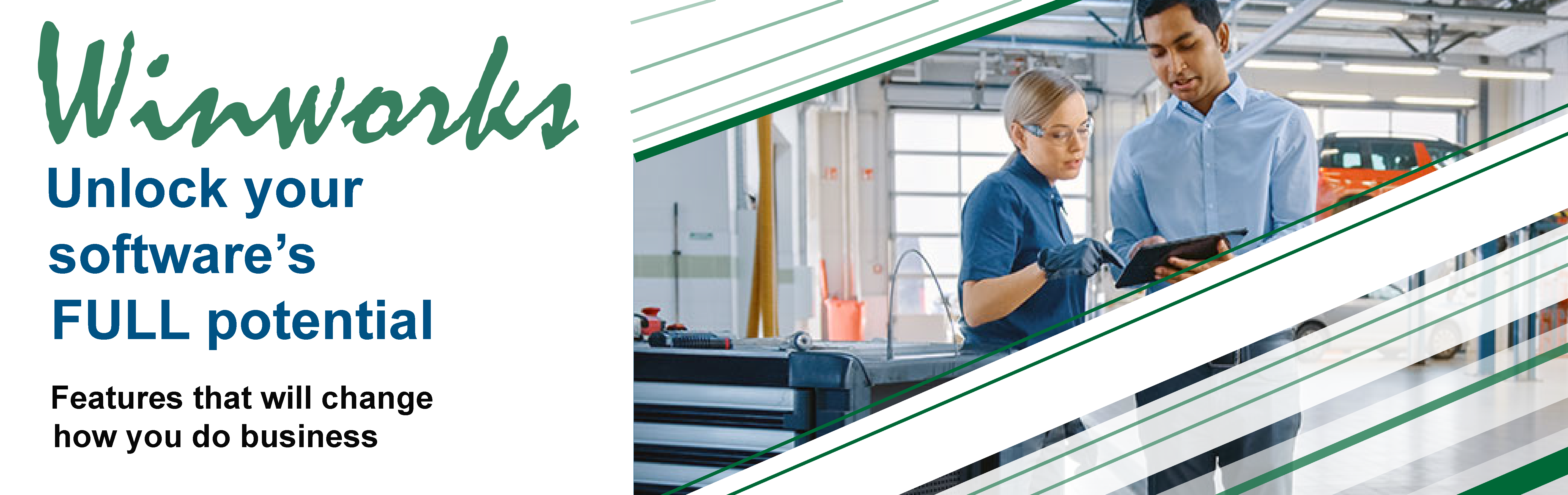 Winworks Expansion Features display banner showing a male and female auto mechanic consulting each other on the floor of a repair bay